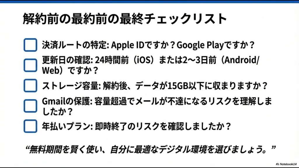 決済ルート、更新日、ストレージ容量、Gmail保護、年払いリスクを確認するための5項目チェックリスト