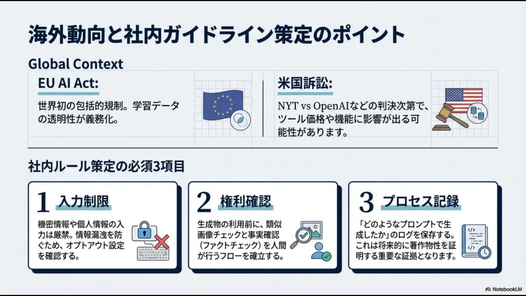 EU AI Actや米国訴訟などのグローバル動向と、社内ルール策定で必須となる入力制限、権利確認、プロセス記録の3項目を解説するスライド