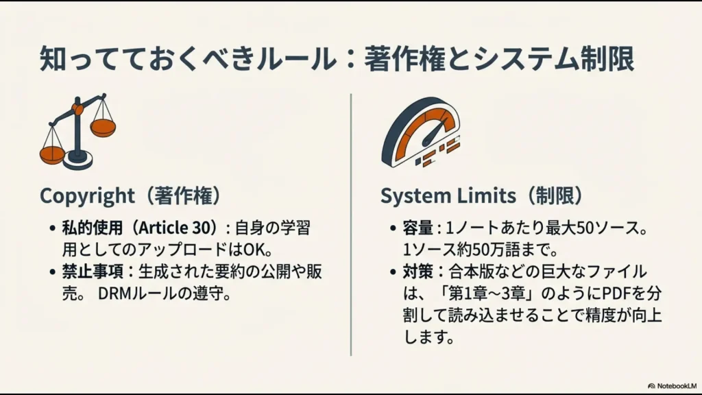私的使用の著作権ルールと、1ソース50万語制限に対応するPDF分割テクニックの解説図
