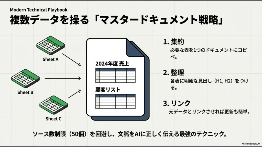 複数の表を一つのGoogleドキュメントに見出し付きでまとめ、ソース数制限を回避しながら文脈を正しく伝える戦略