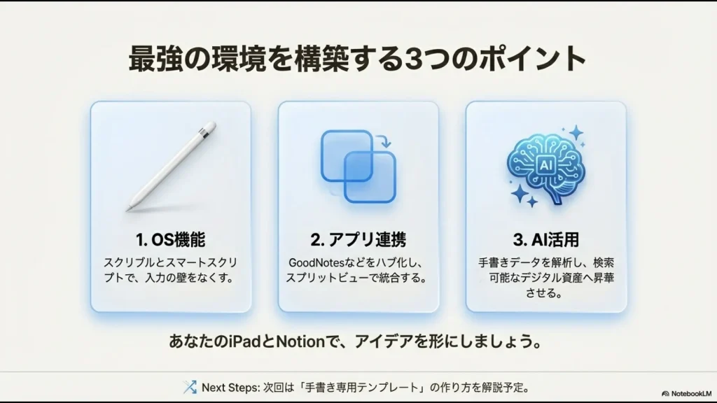 OS機能の活用、アプリ連携、AI活用の3点をまとめ、次のステップとして手書きテンプレート解説を予告するスライド。