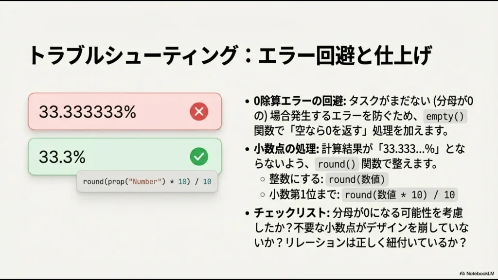 empty関数による0除算エラーの回避と、round関数を用いた $round(x \times 10) / 10$ による小数点の処理方法