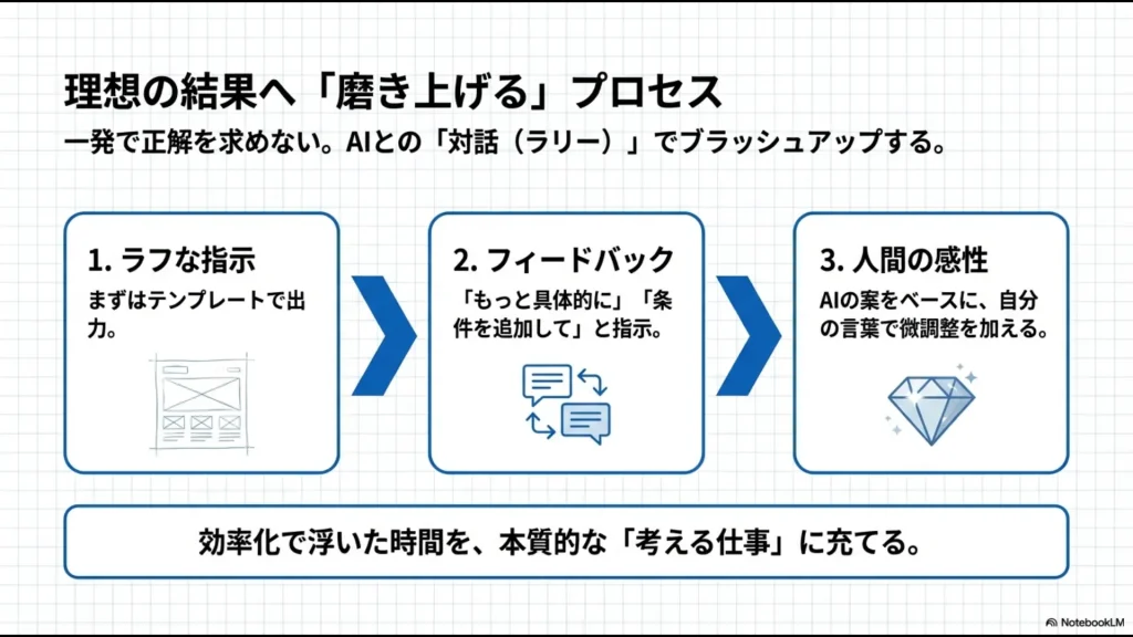 ラフな指示からフィードバック、人間の感性による調整を経て、理想の結果へ「磨き上げる」対話プロセスの図解。