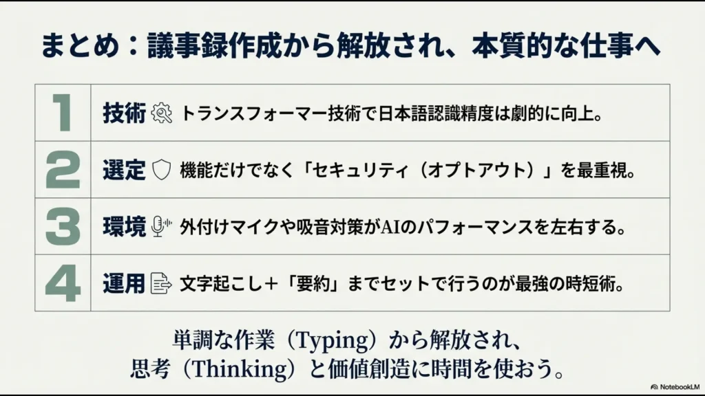 技術・選定・環境・運用の4つの観点から、単調な作業から思考と価値創造へ時間をシフトすることを促すまとめスライド。