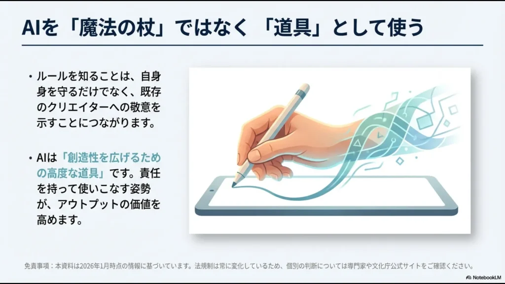 AIを魔法の杖ではなく創造性を広げるための高度な道具として、責任を持って使いこなす姿勢の重要性を説くまとめスライド