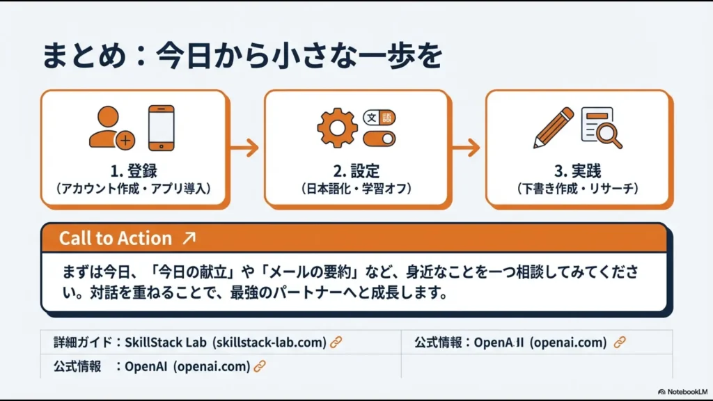 登録、設定、実践の3ステップ。身近な相談から始めることを促すコールトゥアクション