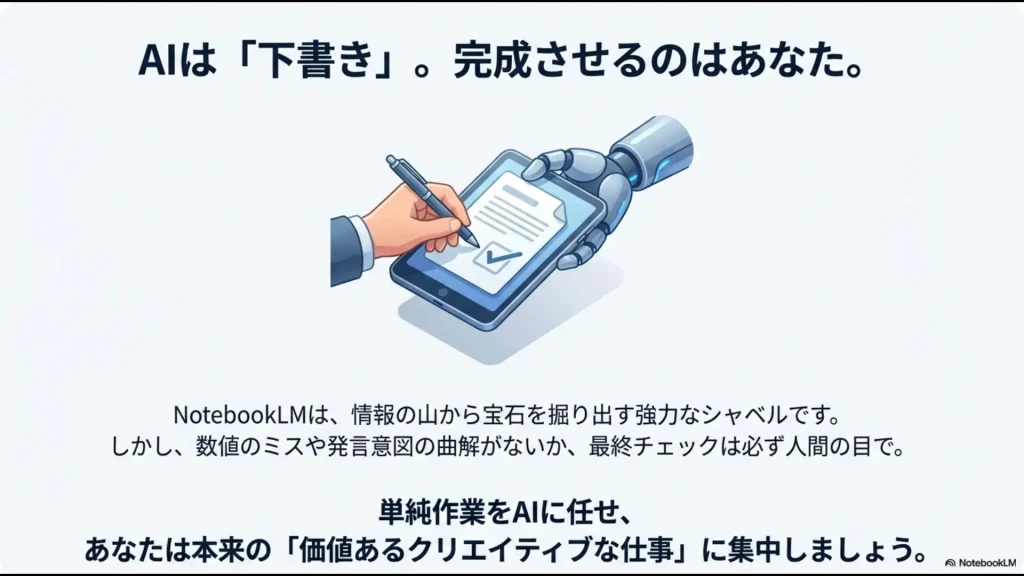 AIを情報の山から宝石を掘り出すシャベルに例え、最終的なファクトチェックの重要性を強調したスライド