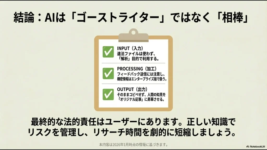 入力・加工・出力の各段階での注意点をまとめたNotebookLM利用の最終チェックリスト
