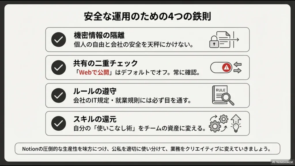 機密情報の隔離、共有の二重チェック、ルールの遵守、スキルの還元の4つの重要ポイント。