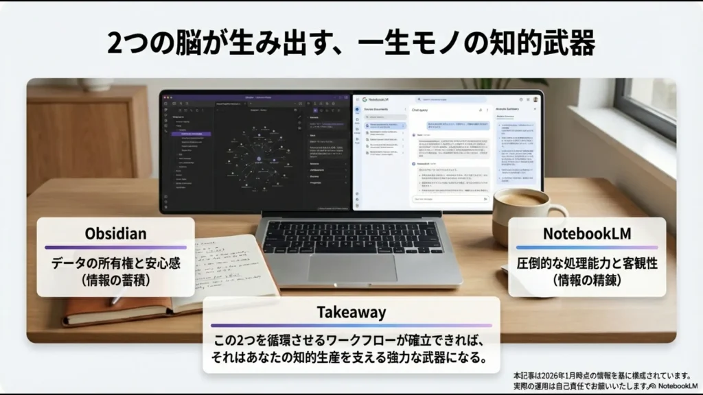 Obsidianのデータ所有権とNotebookLMの処理能力を掛け合わせ、知的生産を支える武器にするまとめ図