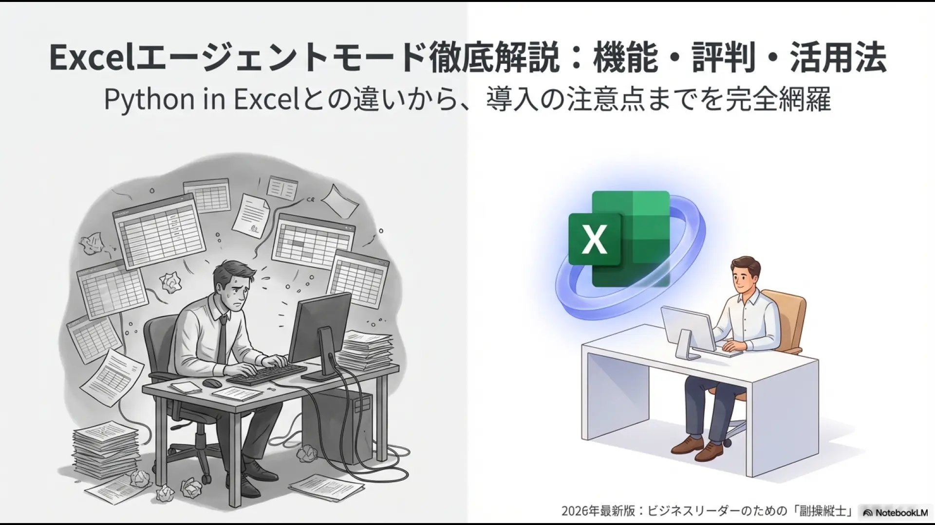 煩雑なデータ作業に悩む姿から、Excelエージェントモードを使いこなしスマートに働く姿への変化を描いたアイキャッチ画像