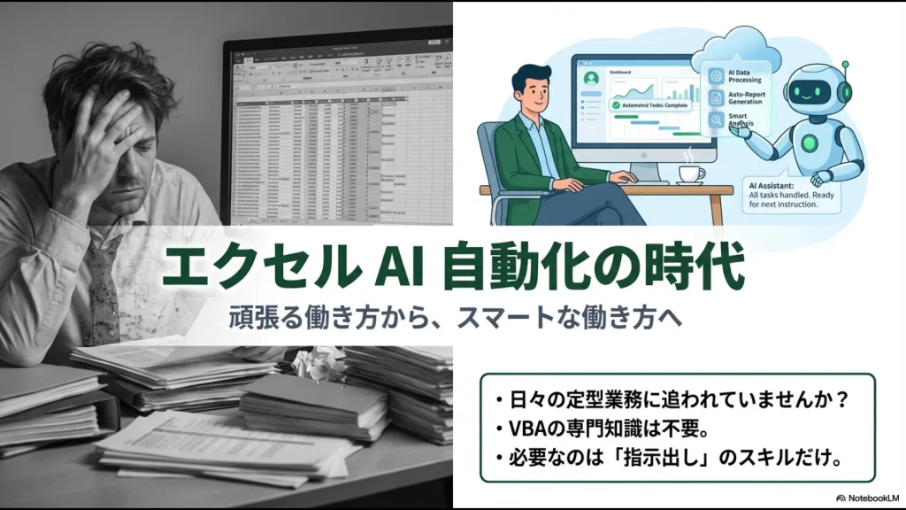 AIアシスタントがエクセル業務をサポートし、定型業務から解放されるスマートな働き方のイメージ図