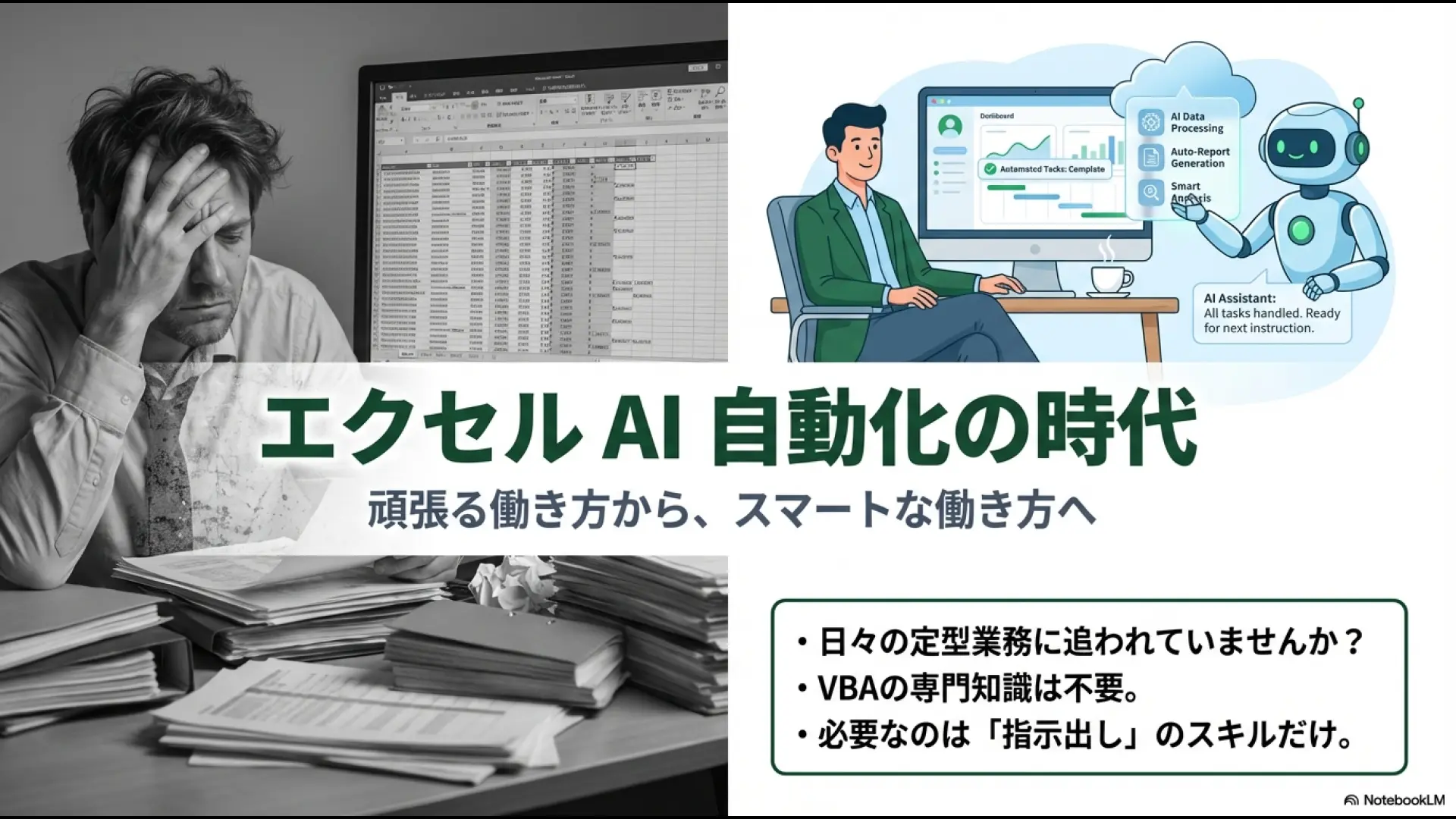 AIアシスタントがエクセル業務をサポートし、定型業務から解放されるスマートな働き方のイメージ図