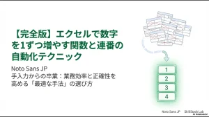 エクセルで数字を1ずつ増やす関数と連番の自動化テクニックのタイトルスライド