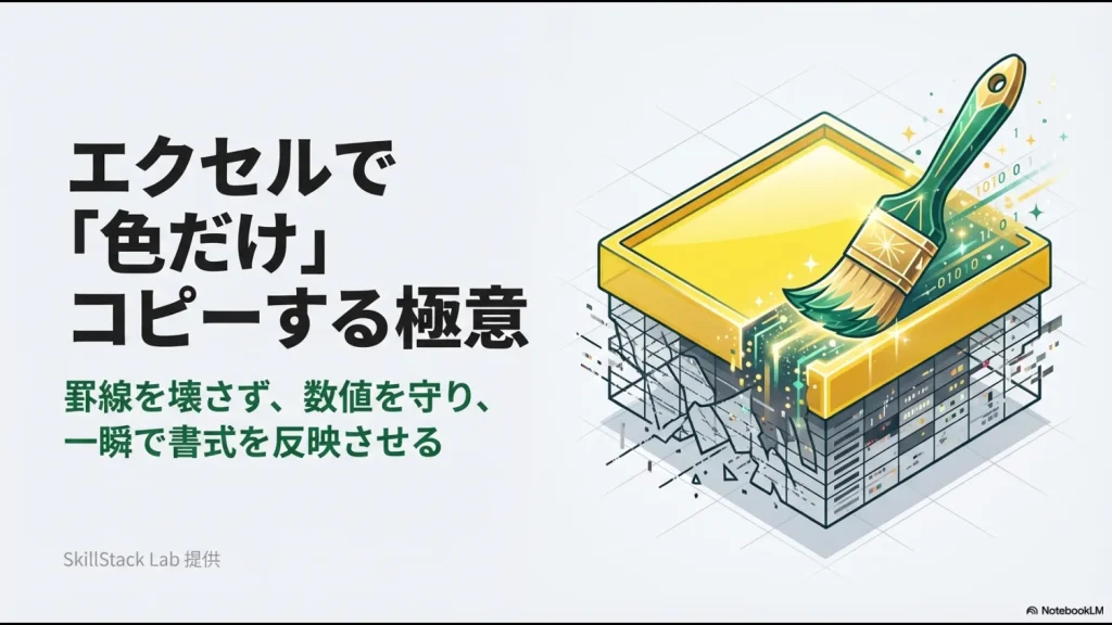エクセルで色だけコピーする極意：罫線を壊さず数値を守り一瞬で書式を反映させるテクニックのタイトルスライド