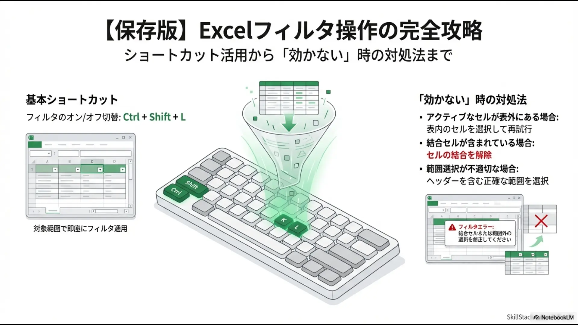 エクセルフィルタショートカット完全攻略ガイドの表紙イメージ。フィルタが適用されたExcelシートの画面。