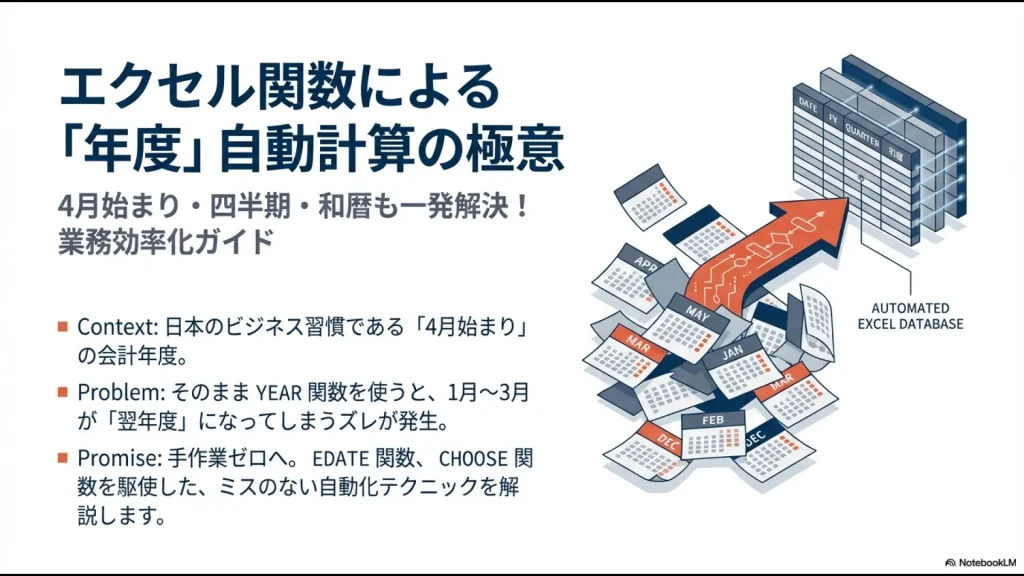 エクセル関数で4月始まり・四半期・和暦を自動計算する業務効率化ガイドの表紙スライド