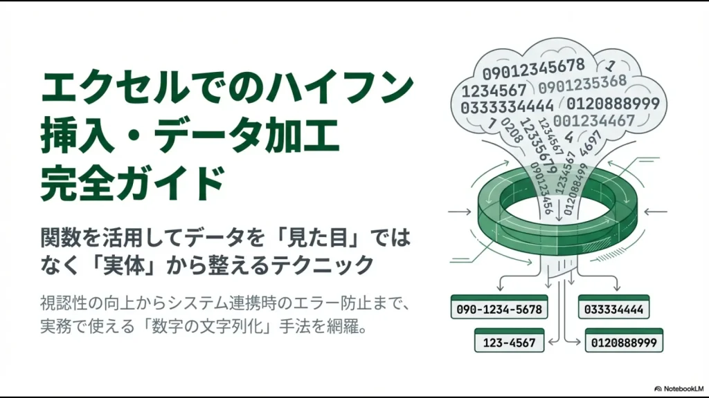 エクセルでのハイフン挿入とデータ加工に関する完全ガイドのタイトルスライド画像