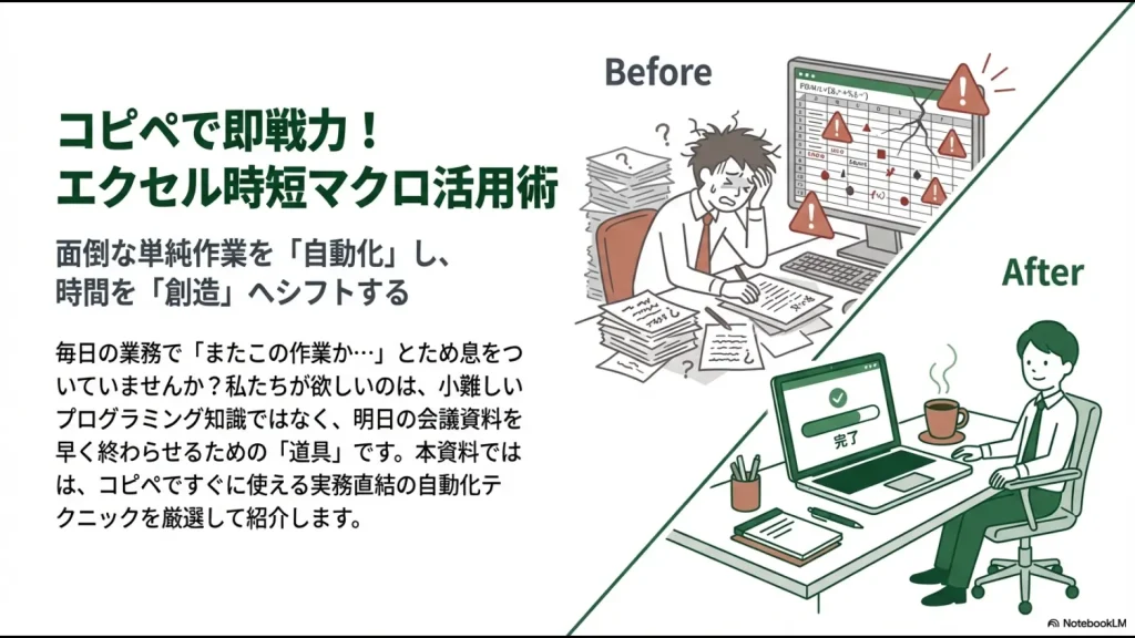 山積みの書類とエラーに悩む作業者が、マクロ導入後に自動化によって笑顔でコーヒーを飲みながら業務を完了させている比較イラスト