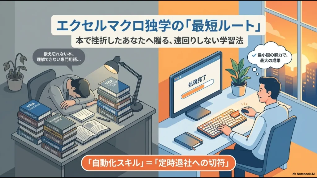 エクセルマクロ独学の最短ルートと、自動化スキルが定時退社への切符であることを示すイメージ図