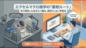 エクセルマクロ独学の最短ルートと、自動化スキルが定時退社への切符であることを示すイメージ図