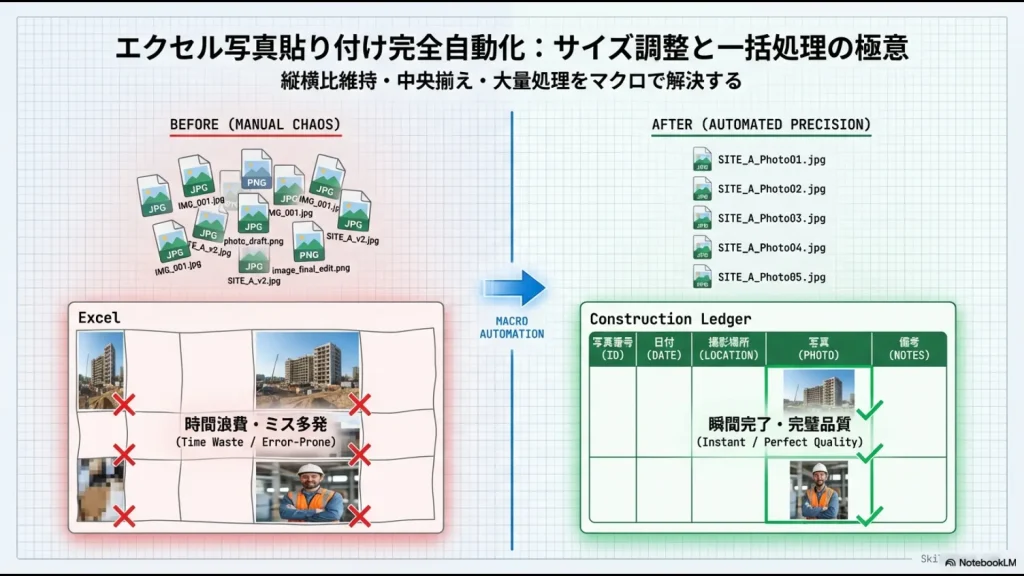 エクセルでの手作業による写真貼り付けの混乱と、マクロによる自動化後の整然とした台帳の比較画像
