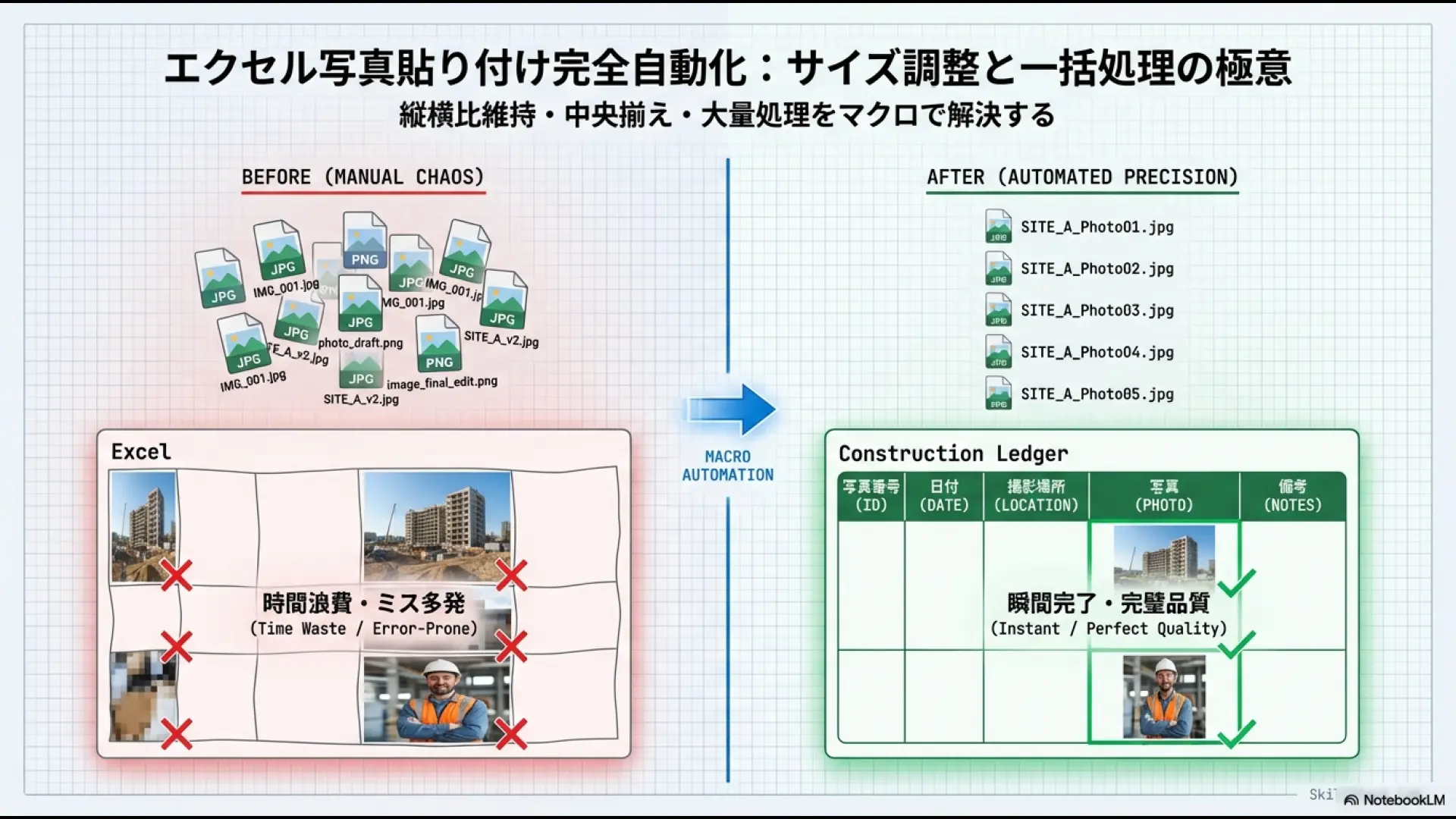 エクセルでの手作業による写真貼り付けの混乱と、マクロによる自動化後の整然とした台帳の比較画像