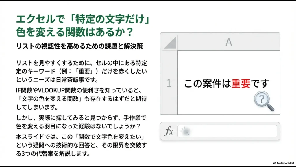 エクセルのセル内にある「重要」という文字だけが赤くなっているイメージと、関数でそれが可能かという問いかけのスライド。