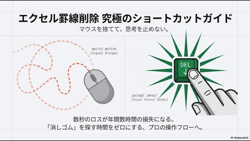 エクセルでのマウス操作による無駄な動き（オレンジの線）と、ショートカットキーによる一瞬の実行（グリーンのDELキー）を比較したイラスト。