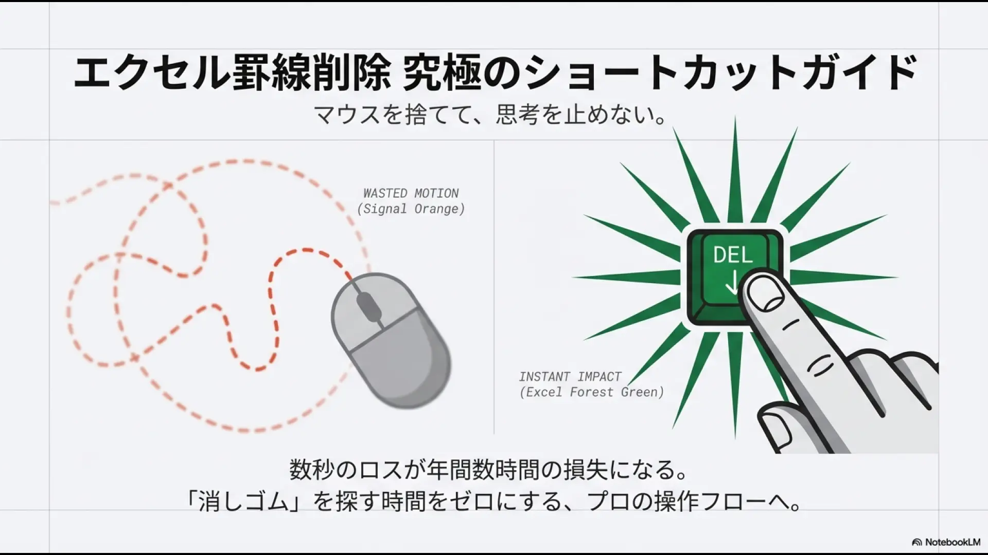 エクセルでのマウス操作による無駄な動き（オレンジの線）と、ショートカットキーによる一瞬の実行（グリーンのDELキー）を比較したイラスト。