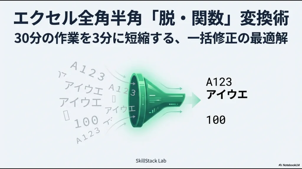 エクセルで関数を使わずに全角・半角を一括修正する「脱・関数」変換術のアイキャッチ画像。30分の作業を3分に短縮する最適解を提示。