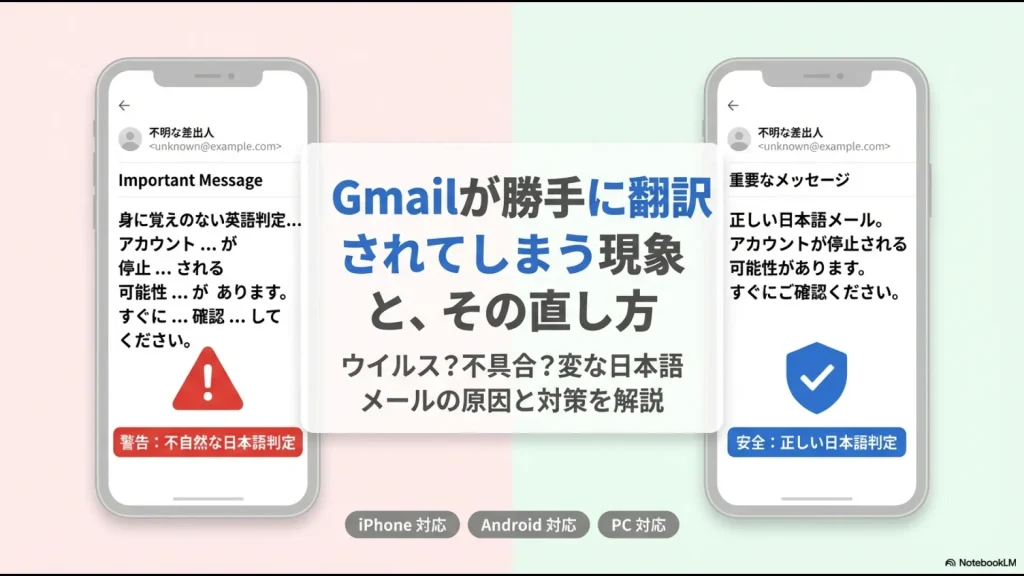Gmailのメールが不自然な日本語に翻訳される現象と比較例、その直し方を解説する記事のアイキャッチ画像