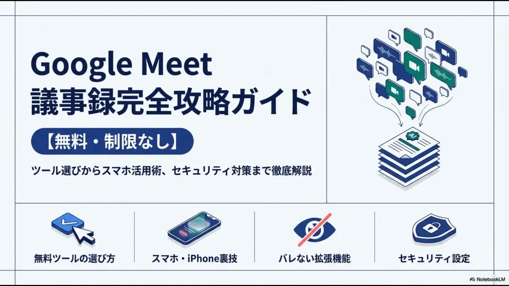 Google Meetの議事録作成をAIで無料・制限なしに自動化するための完全攻略ガイドの表紙スライド