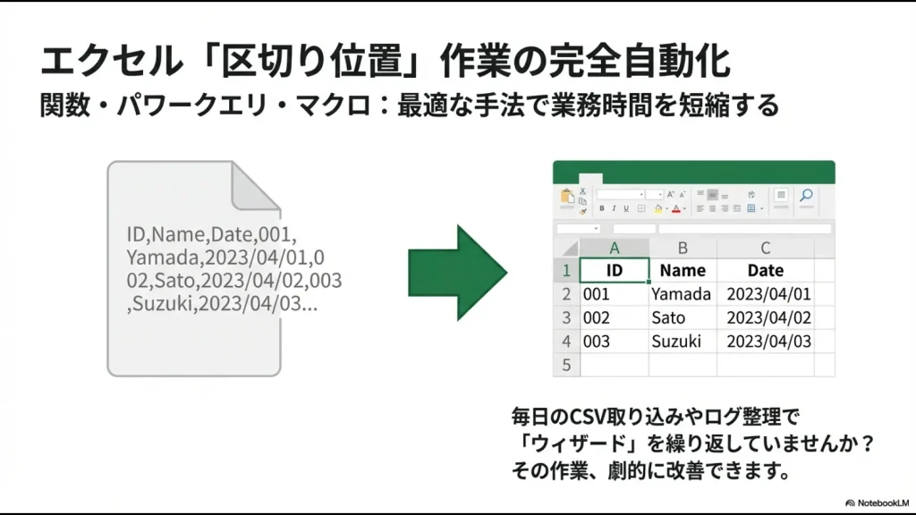 乱雑なCSVデータがエクセルの関数・パワークエリ・マクロによって整えられた表形式に変換されるスライド画像
