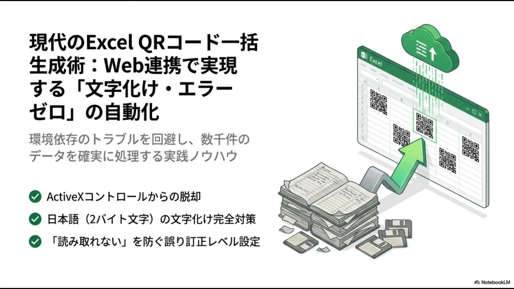 Web APIとVBAを活用して文字化けやエラーを防ぐエクセルQRコード自動作成のイメージ図