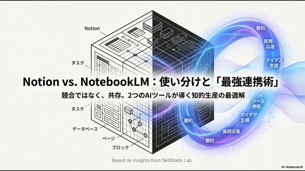 NotionとNotebookLMの機能を対比させたメインビジュアル。Notionのタスク・データベース機能とNotebookLMの要約・質問応答・アイデア生成機能が示されている。