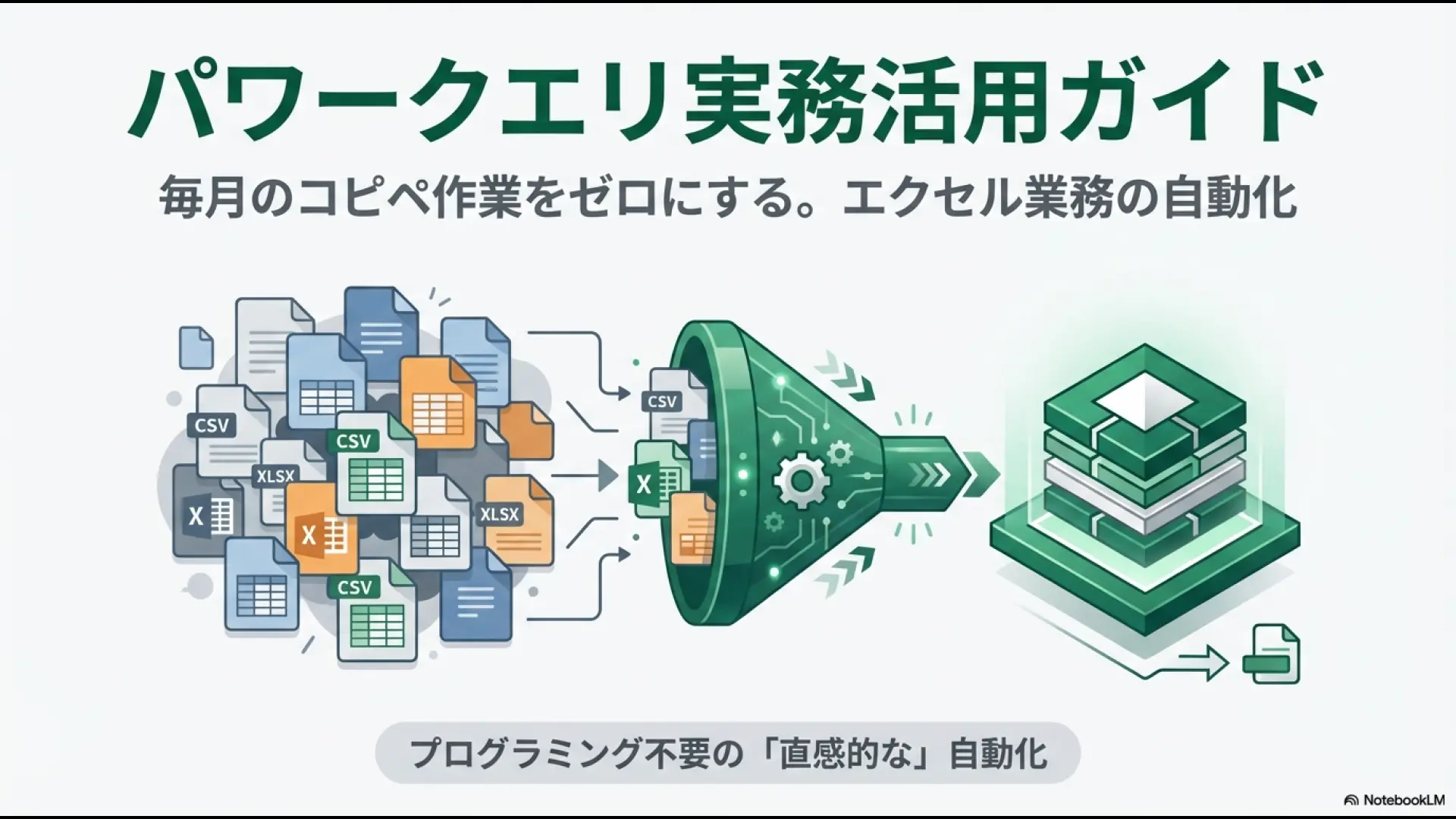 パワークエリによるデータ処理の自動化イメージ