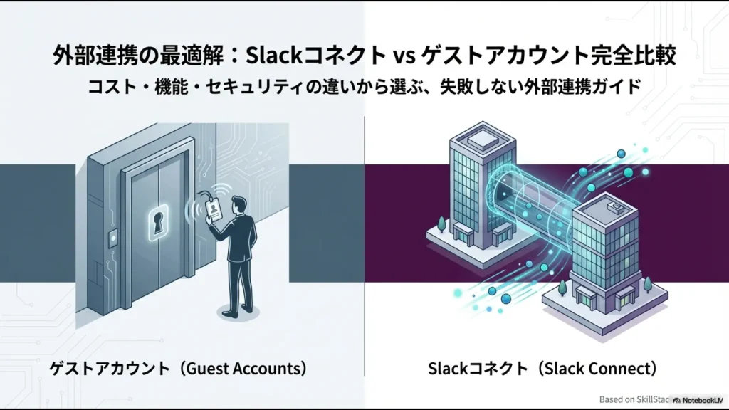SlackのゲストアカウントとSlackコネクトの仕組みの違いをイメージ化した比較表紙