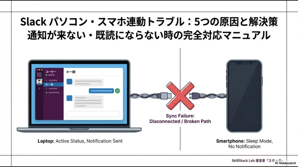 Slackのパソコン版とスマホ版で同期ができないトラブルの原因と解決策を解説するアイキャッチ画像