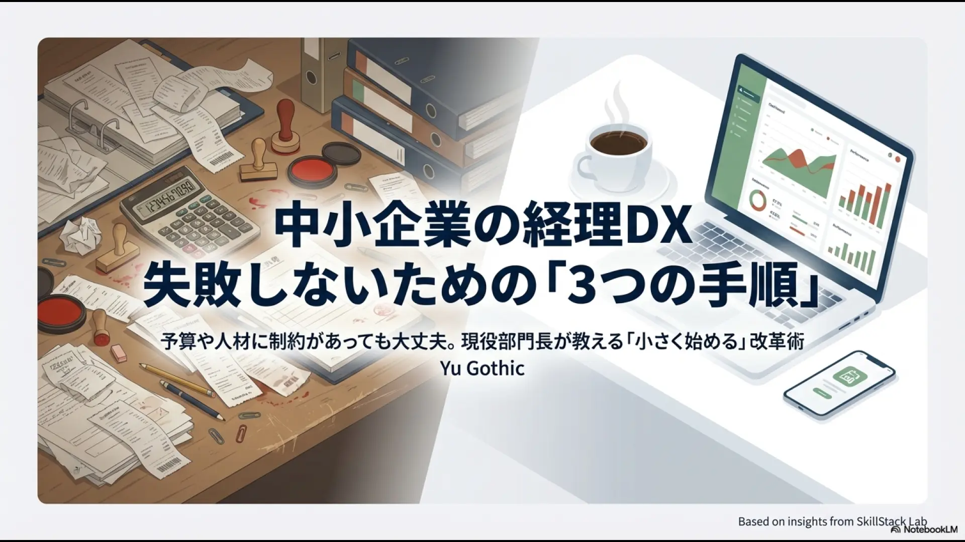 中小企業の経理DXを小さく始めるための3つの手順を解説する表紙スライド