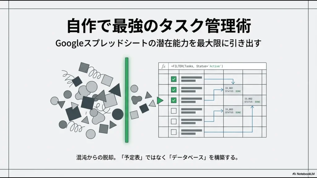 混沌としたタスク情報を整理し、Googleスプレッドシートでフィルター関数などを用いてデータベース化するイメージ図