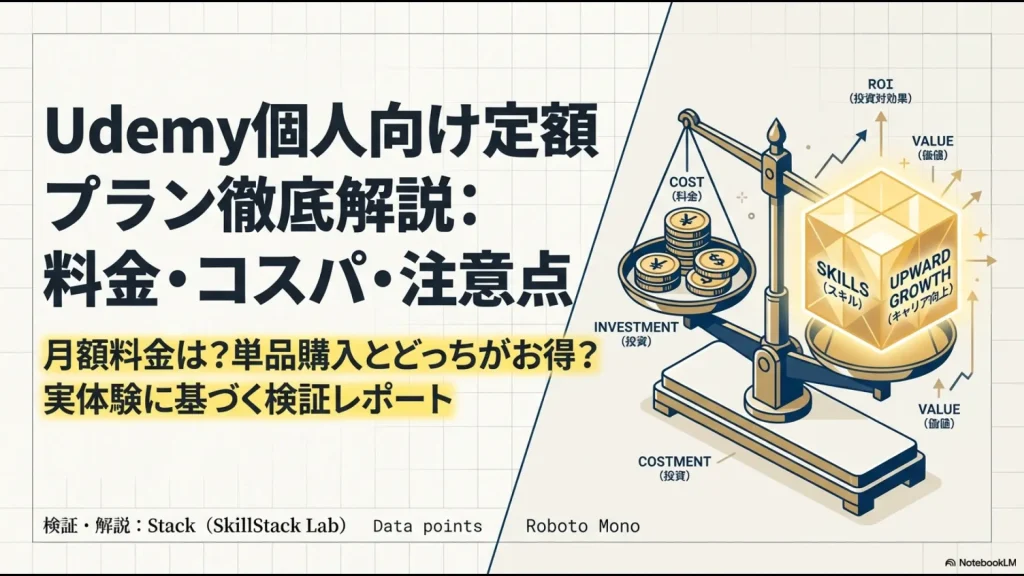 Udemy個人向け定額プランの料金・コスパ・注意点を天秤のイラストで表現した検証レポートの表紙