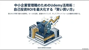中小企業管理職のためのUdemy活用術。本の上に貯金箱が乗ったイラスト。
