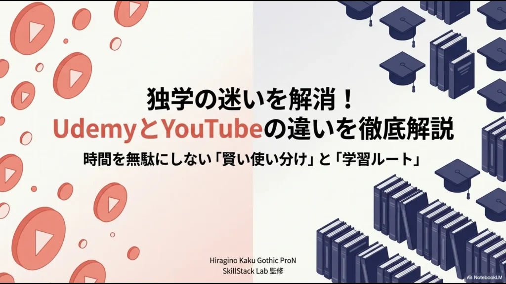 独学の迷いを解消するUdemyとYouTubeの違いと賢い学習ルートの解説スライド表紙