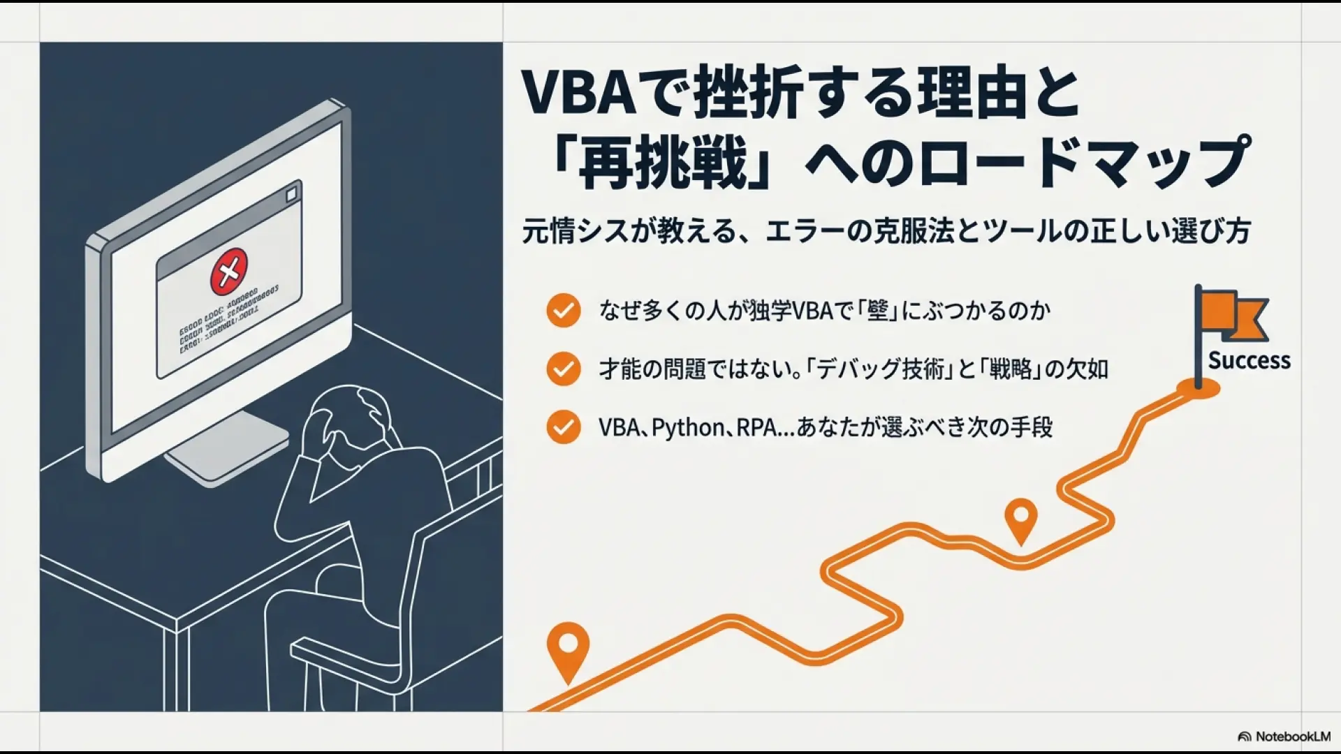 VBA学習で挫折する理由の分析と、エラー克服から正しいツール選びまでの再挑戦ロードマップを解説するスライドの表紙。