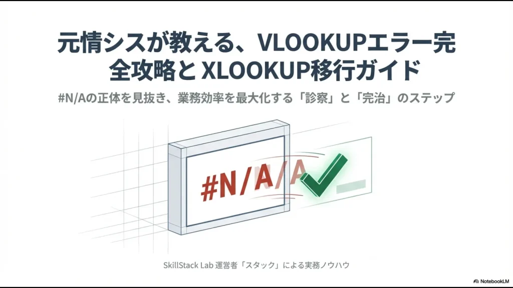 VLOOKUPエラーの解決とXLOOKUPへの移行を解説するガイドのタイトル画像