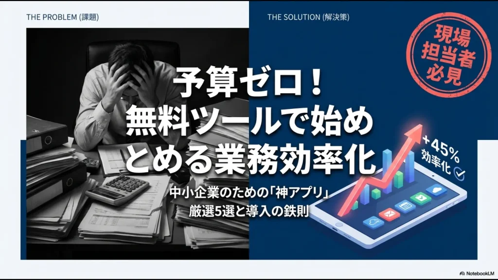 「予算ゼロ！無料ツールで始める業務効率化」中小企業向け厳選5選と導入の鉄則の表紙スライド 。