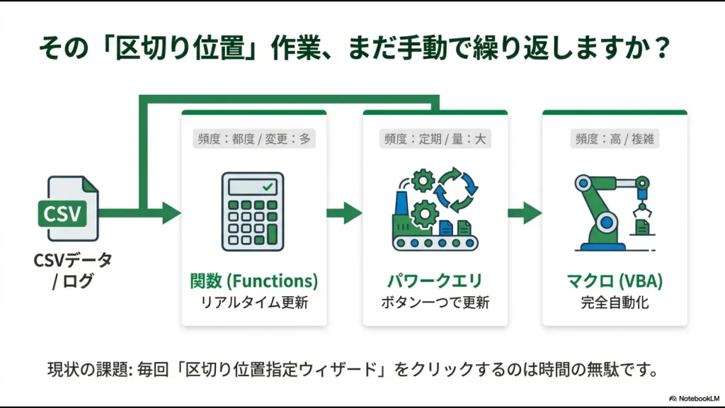 関数は都度の変更、パワークエリは定期的な大量データ、マクロは高頻度で複雑な処理に適していることを示す比較図