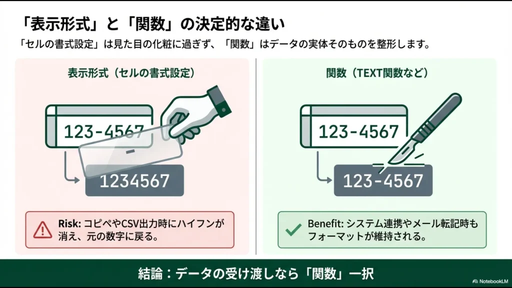 エクセルの表示形式と関数の違いを比較し、システム連携におけるメリット（実体データの整形）を説明する図解スライド