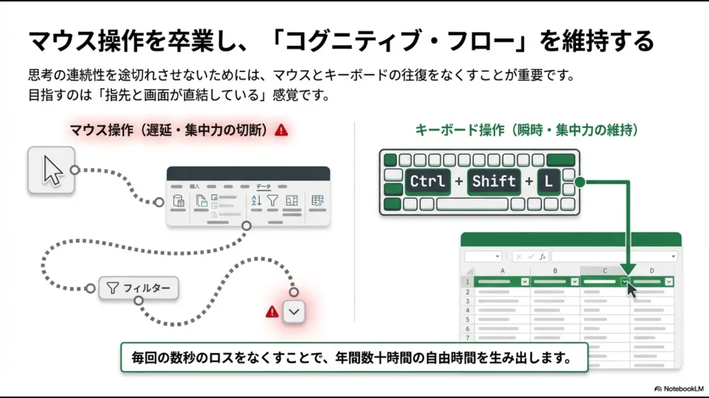 マウス操作とキーボード操作の効率比較図。ショートカットを使うことで集中力を維持できる様子。